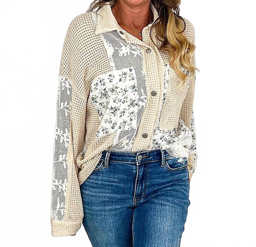 NEW DAVI & DANI unpredictable times knit long sleeve button up top in beige tan